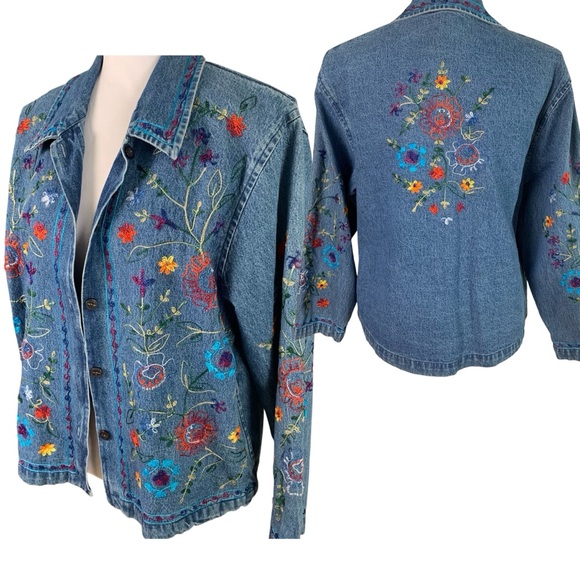 Vintage Tantrums Size M Embroidered Floral Denim Shirt Jacket Blue Button Front - Picture 1 of 15
